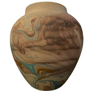 Vintage Nemadji Pottery Vase  7.5”:  Old Clay; Turquoise, Brown & Orange
